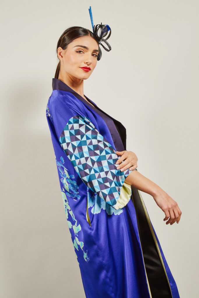 Kimono largo de seda natural Adiantum en azul
