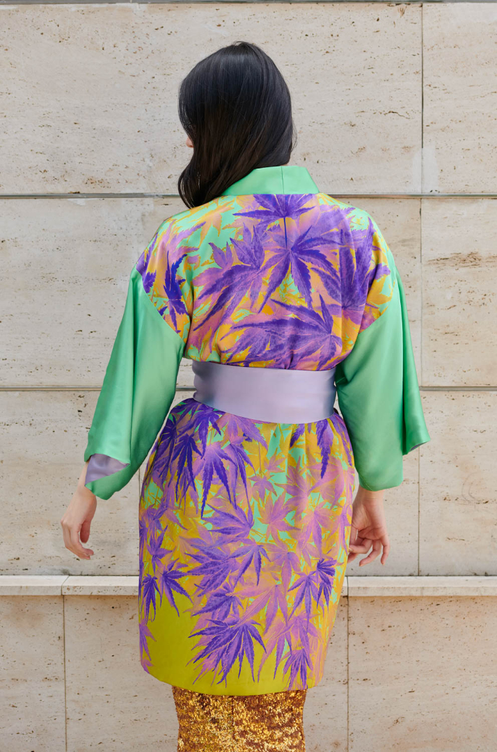Kimono largo midi de seda natural Arce japonés en malva - Imagen 3