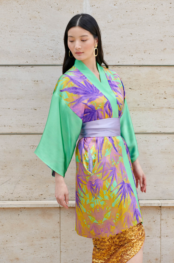 Kimono largo midi de seda natural Arce japonés en malva - Imagen 4