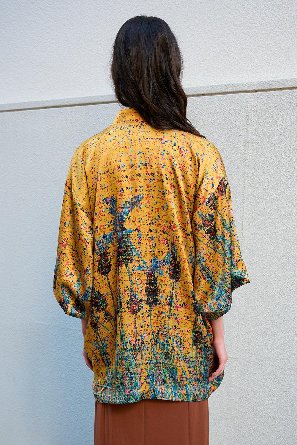 Kimono de seda natural Lavanda jaspeada en cúrcuma - Imagen 3