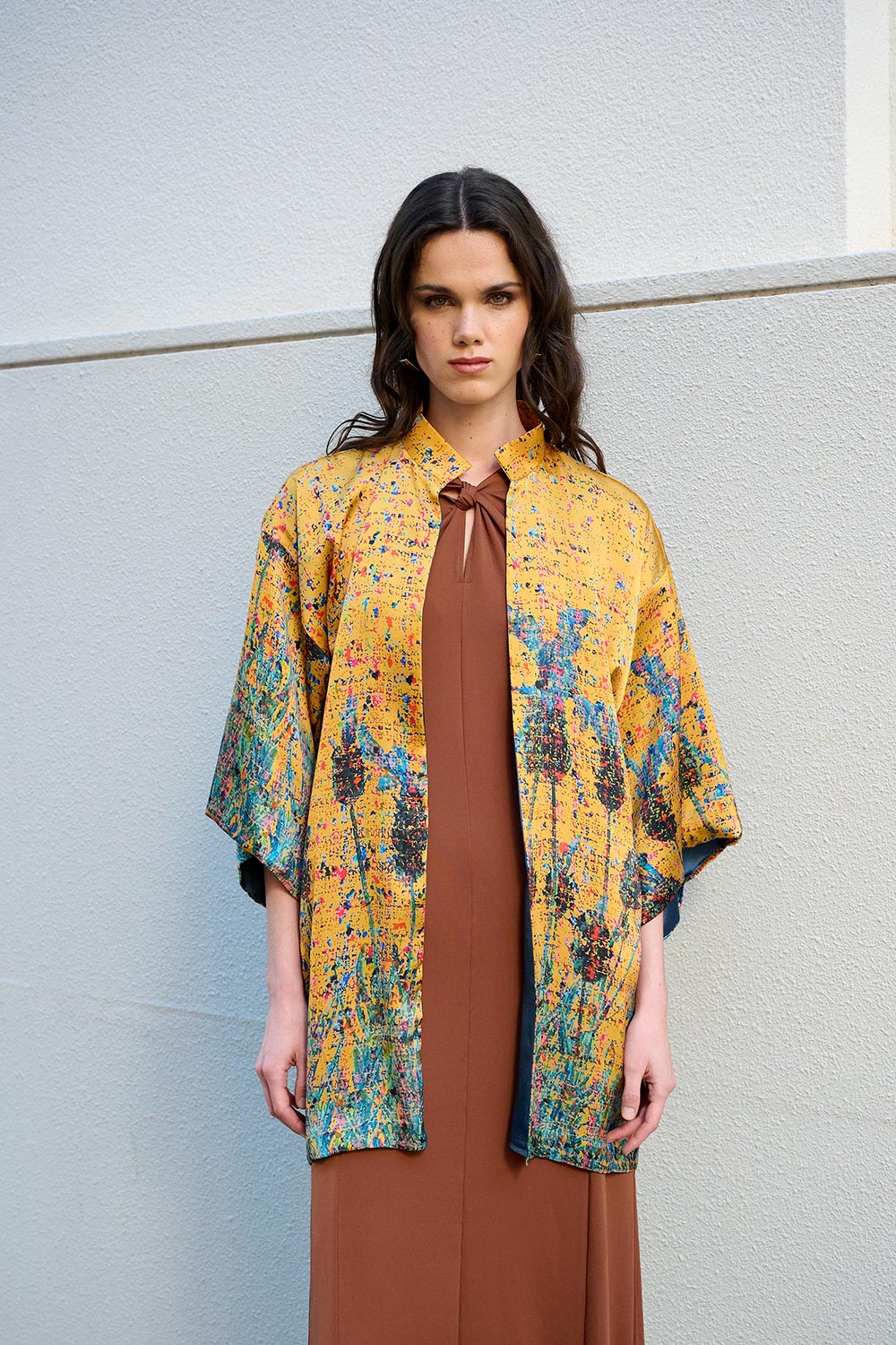 Kimono de seda natural Lavanda jaspeada en cúrcuma